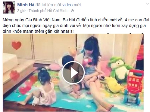 Trong lúc ông xã đi diễn xa nhà, 4 mẹ con Minh Hà thực hiện đoạn clip nhí nhảnh. Cô ghi lại hình ảnh các con hát mừng ngày Gia đình Việt Nam kèm lời chúc: “Mọi người nhớ luôn xây dựng gia đình khỏe mạnh thêm gắn kết nha!”. 