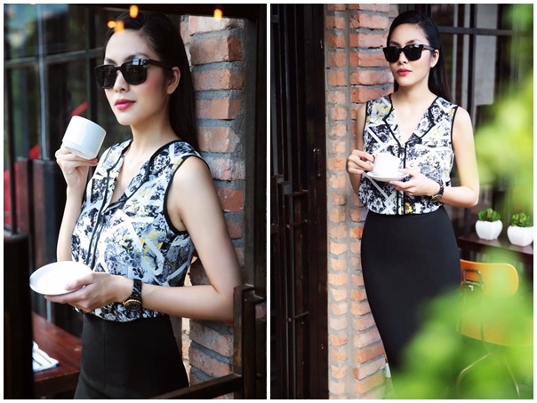 Các set đồ của nữ diễn viên - doanh nhân khá tinh tế bởi cách tạo điểm nhấn hợp lý. Trong ảnh, bộ cách đơn giản có chân váy đen làm nền cho áo họa tiết. 