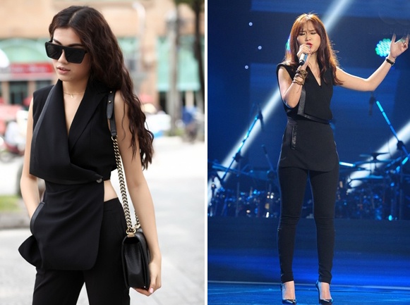 Phùng Khánh Linh đụng thiết kế với người mẫu Lệ Hằng. Chân dài làng mốt Việt diện khi tản bộ trên phố trung tâm Sài thành, còn nữ ca sĩ trẻ ứng dụng trên sân khấu âm nhạc. 