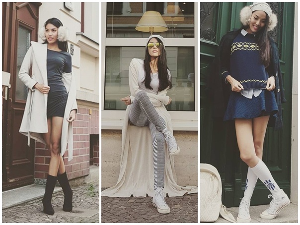 Lan Khuê diện váy chất liệu co giãn kết hợp áo măng tô trắng chất dạ ấm áp khi đi bộ trên những con phố ở nước Đức.