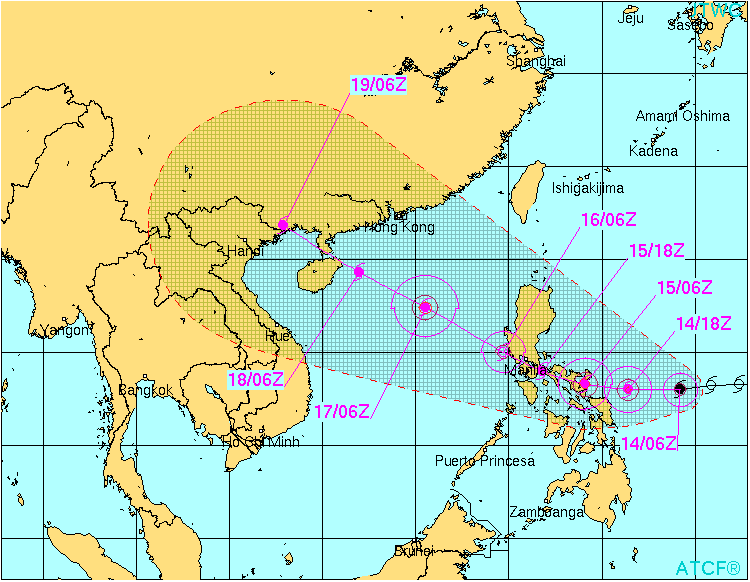 Cơn bão Rammasun được dự báo là cơn bão mạnh, với sức gió hiện tai giật cấp 11 - ảnh: Dự báo Hải Quân Mỹ 