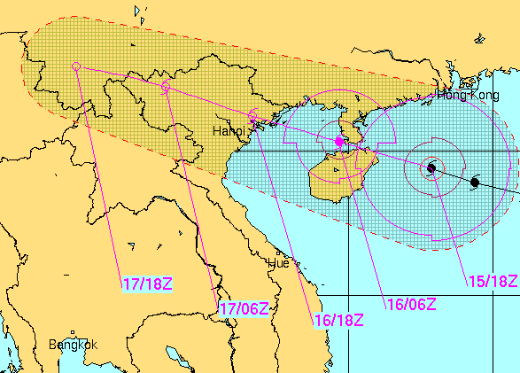 Các trung tâm dự báo khí tượng thế giới nhận định thống nhất bão sẽ đi qua giữa phía Bắc đảo Hải Nam và bán đảo Lôi Châu (Trung Quốc) đi vào vịnh Bắc Bộ và giảm 1 cấp gió