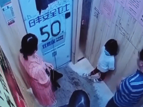 Mot gia dinh mac ket khi thang may roi tu do o Trung Quoc hinh anh