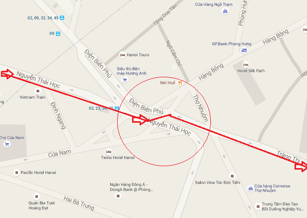  phố Nguyễn Thái Học sẽ tiến về ngã 7 Cửa Nam vào phố Tràng Thi