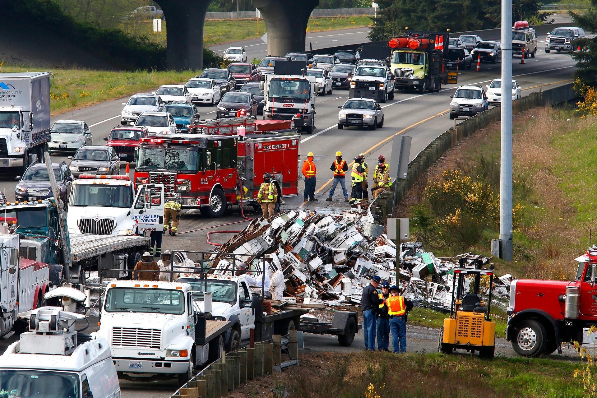 Lat xe, 25 trieu con ong tran ra duong cao toc o My hinh anh