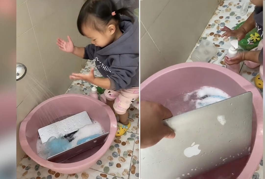 Be gai xoi nuoc rua may tinh cho bo hinh anh