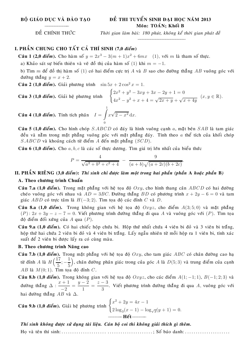 De thi va dap an dai hoc mon Toan khoi B 2013 hinh anh