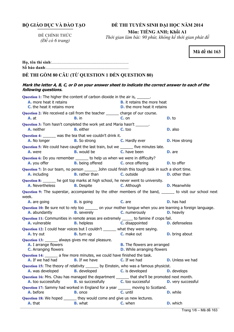 De thi va dap an dai hoc mon Anh khoi A1 2014 hinh anh