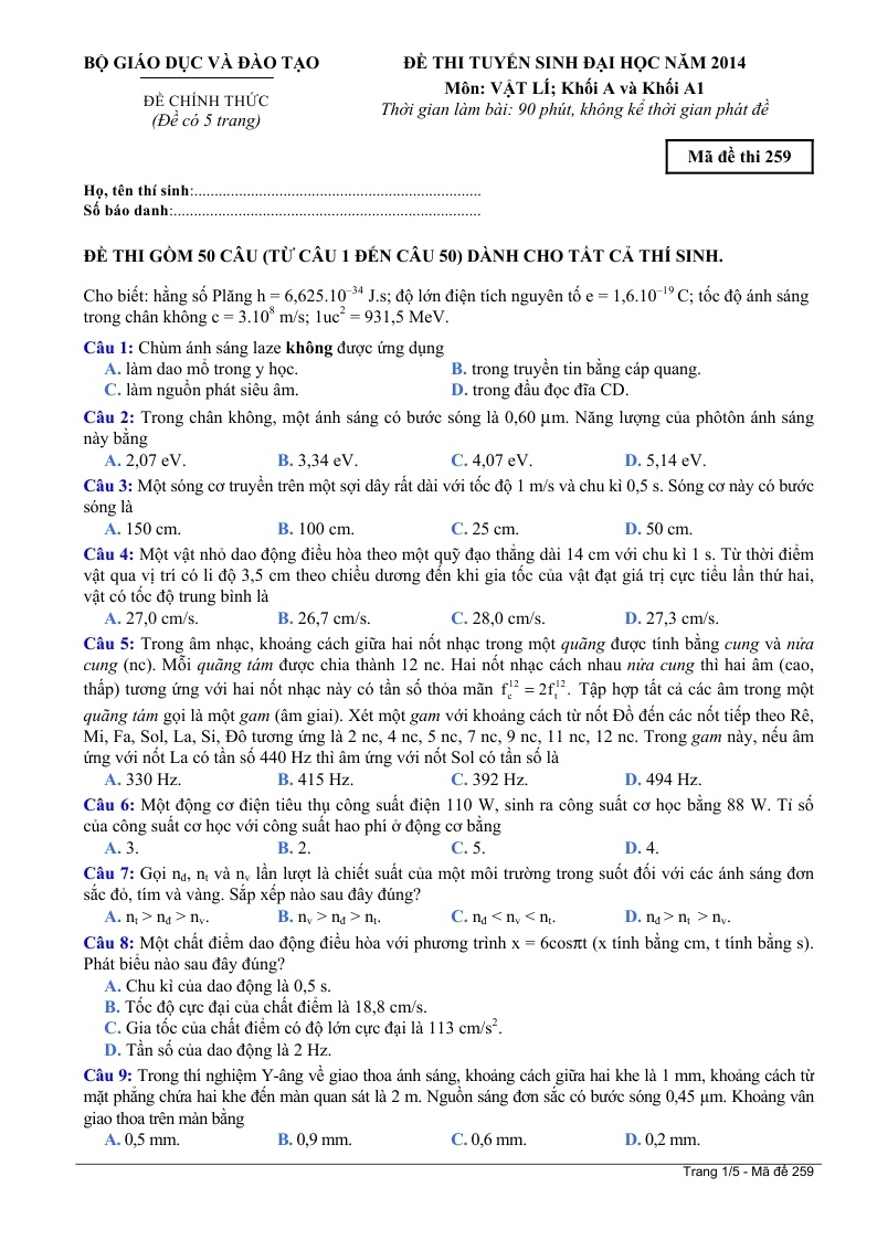 De thi va dap an dai hoc mon Vat Ly khoi A va A1 2014 hinh anh