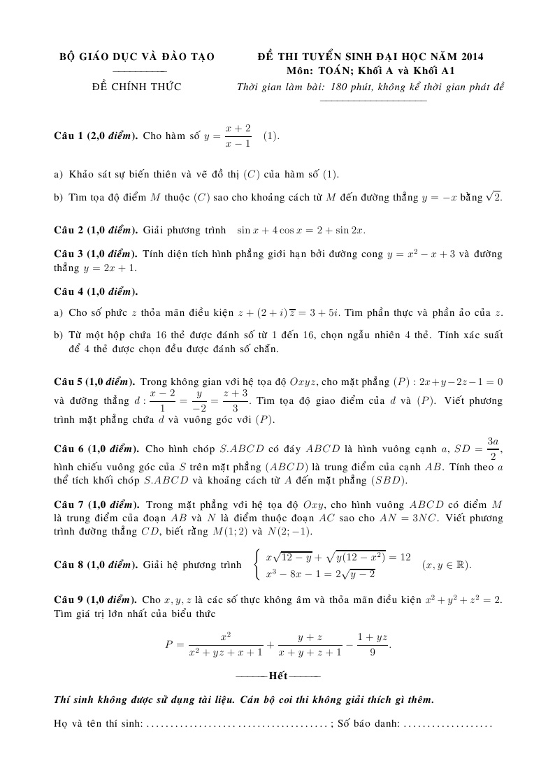 De thi va dap an dai hoc mon Toan khoi A va A1 2014 hinh anh