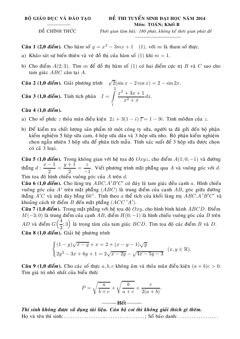 De thi va dap an dai hoc mon Toan khoi B 2014 hinh anh