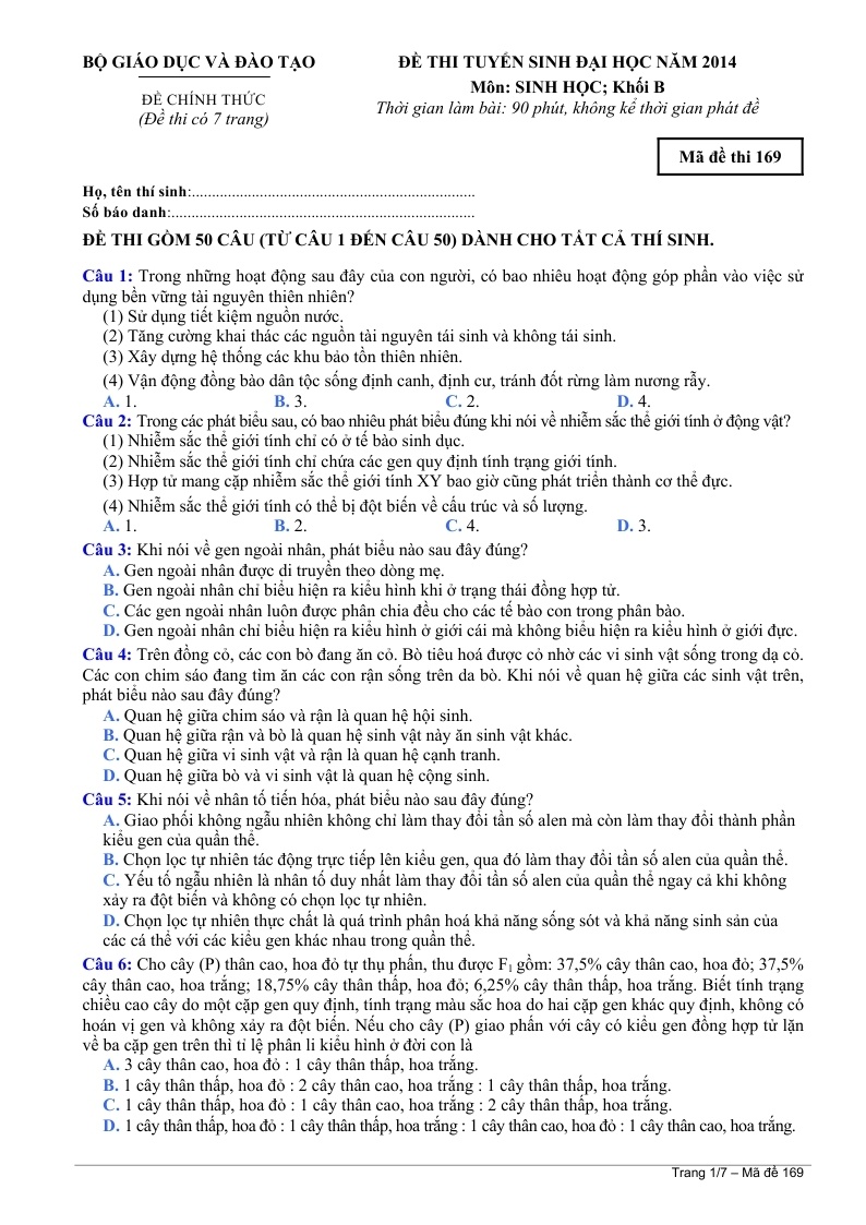 De thi va dap an dai hoc mon Sinh khoi B 2014 hinh anh