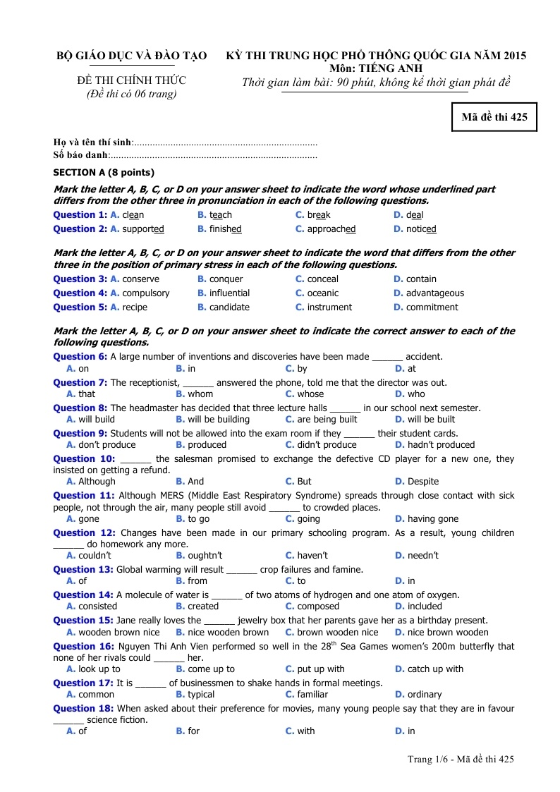 De thi va dap an dai hoc (THPT Quoc gia) mon Anh 2015 hinh anh