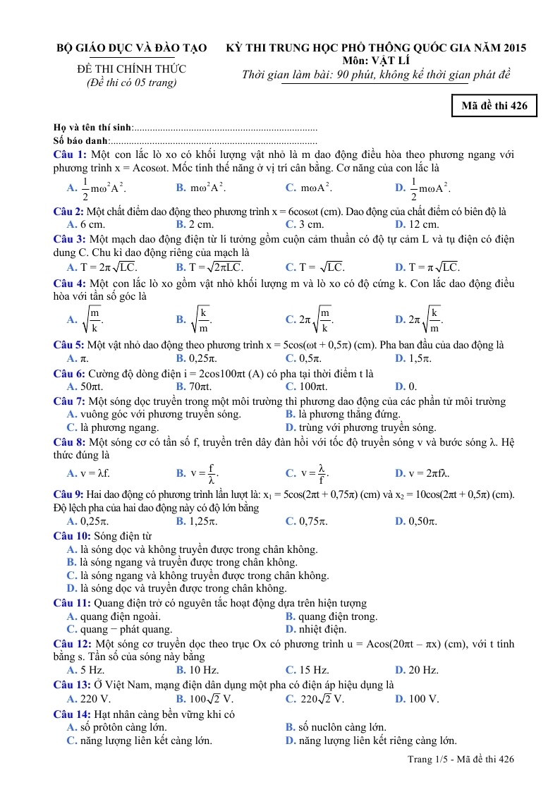 De thi va dap an dai hoc (THPT Quoc gia) mon Vat ly 2015 hinh anh