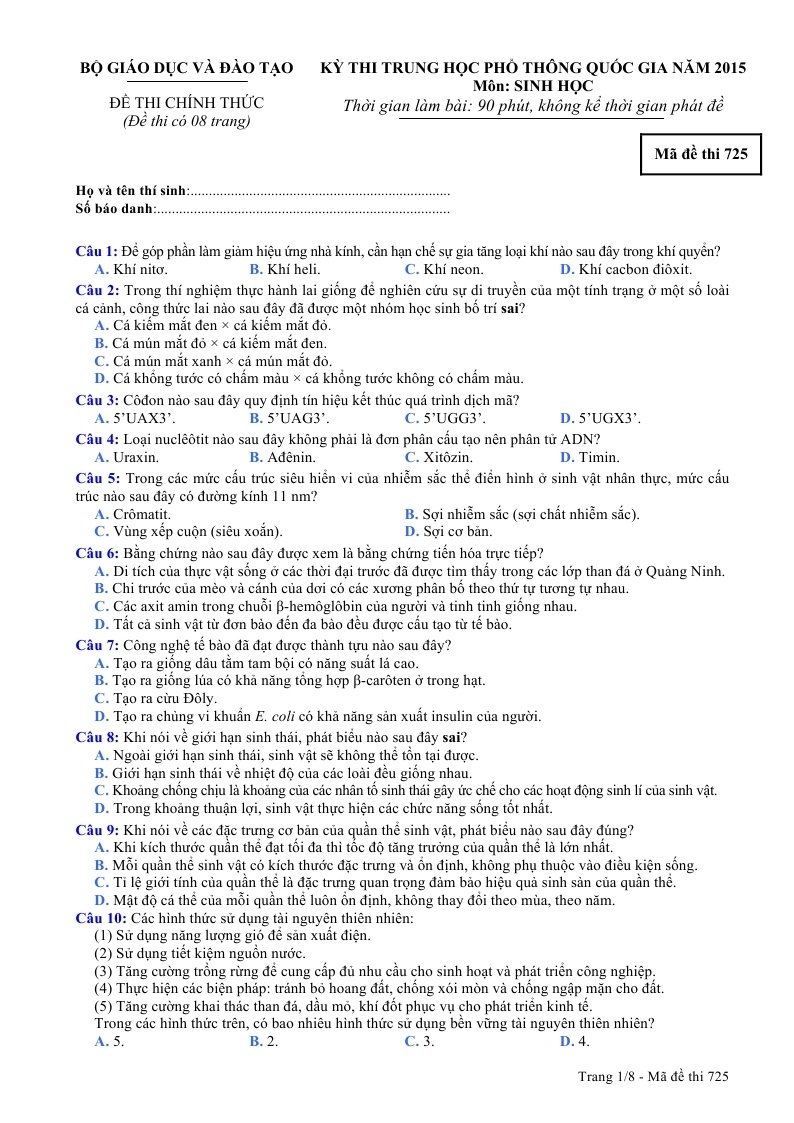 De thi dai hoc (THPT Quoc gia) mon Sinh 2015 anh 1