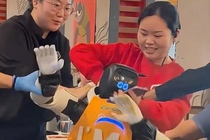 Dang lam viec, robot bong 'noi loan', dap pha bat dia o Haidilao hinh anh