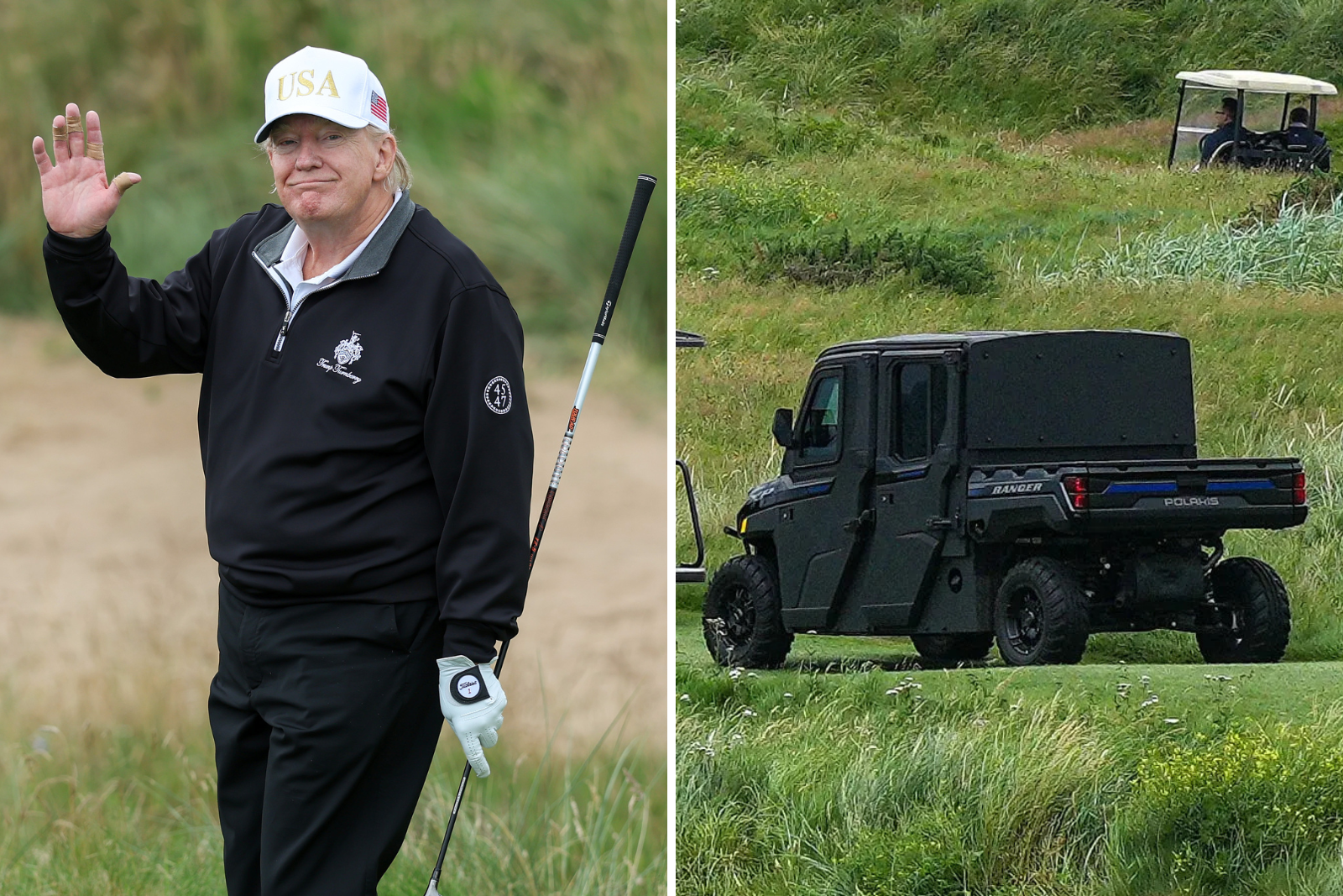 tong thong,  tong thong my,  donald j. trump,  trump,  donald trump,  scotland,  golf,  danh golf,  golf cart,  Golf Force One,  mat vu,  mat vu my,  Polaris Ranger Crew,  XP 1000,  Polaris,  Ranger Crew anh 12