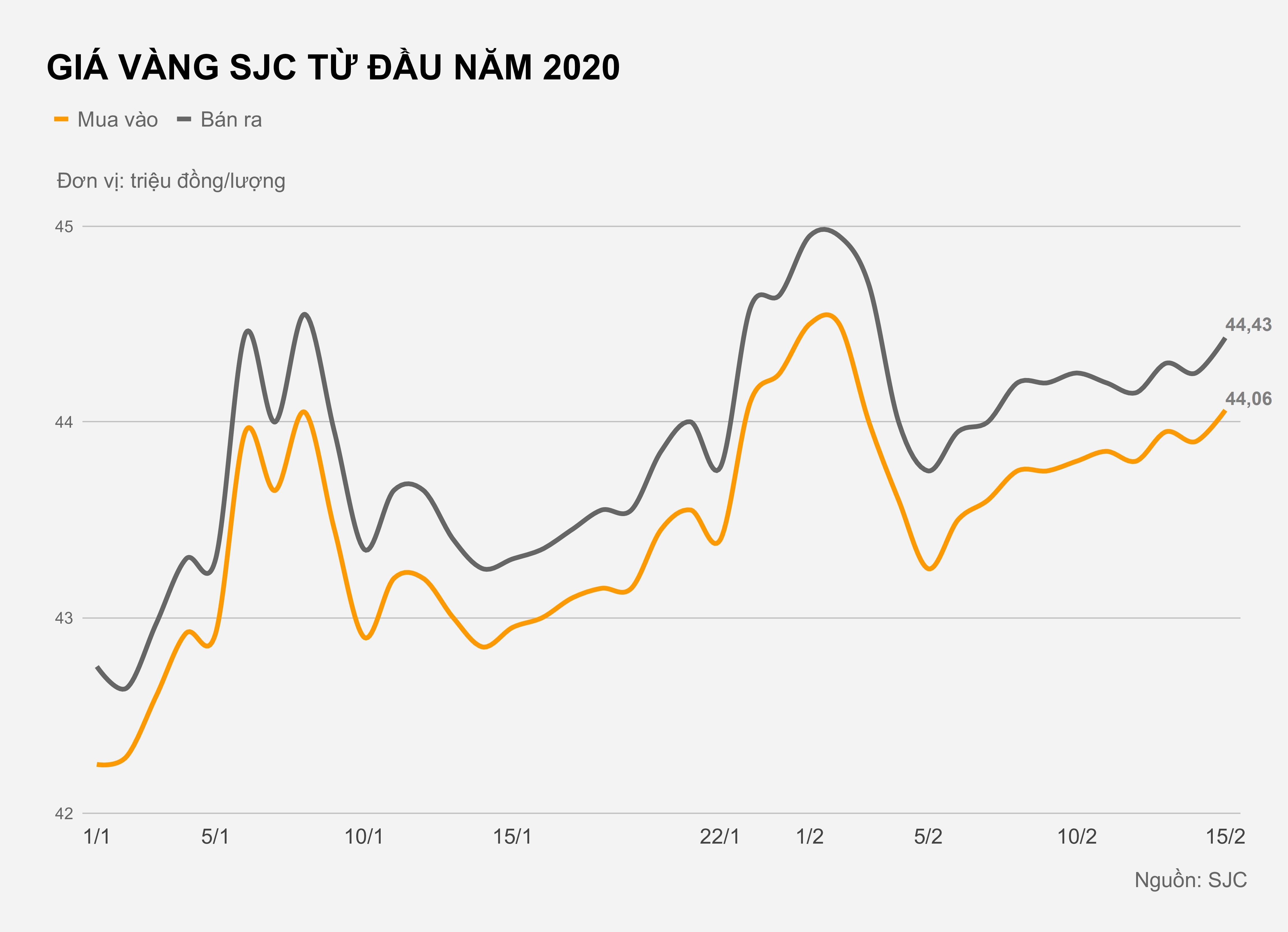 Gia vang trong nuoc tren 44, 4 trieu dong/luong anh 1