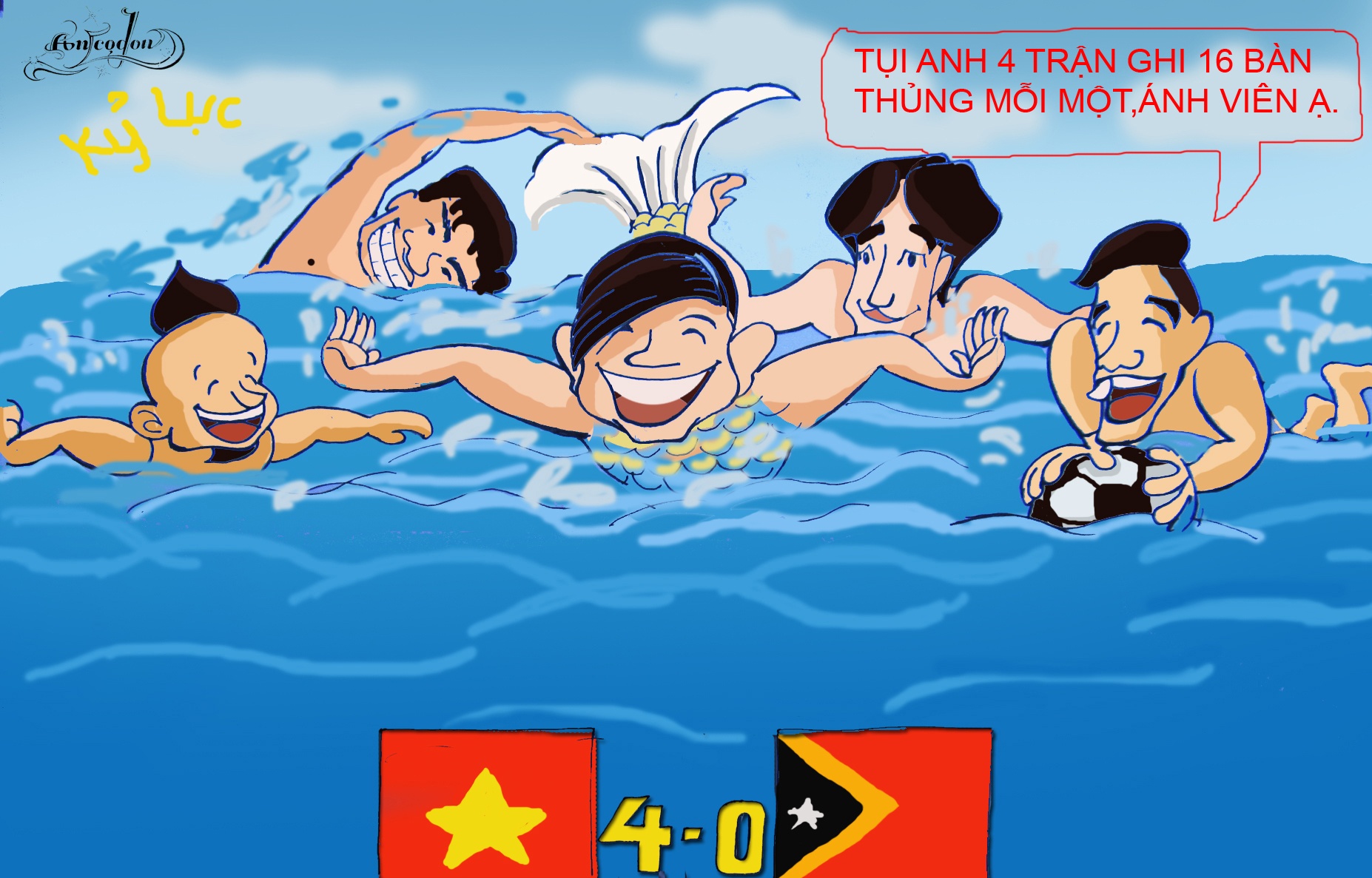 BỨC 10 : KỶ LỤC & KỶ LỤC. Trong khi VĐV Ánh Viên đang tung hoành lập lên các kỷ lục này đến kỷ lục khác trên đường đua xanh. Thì U23 VN cũng có chiến thắng ấn tượng 4 - 0 trước U23 Đông timor. Sau 4 trận , 23VN ghi được 16 bàn thắng, và chỉ duy nhất thủng lưới 1 bàn. Thôi , cũng gọi là một kỷ lục 