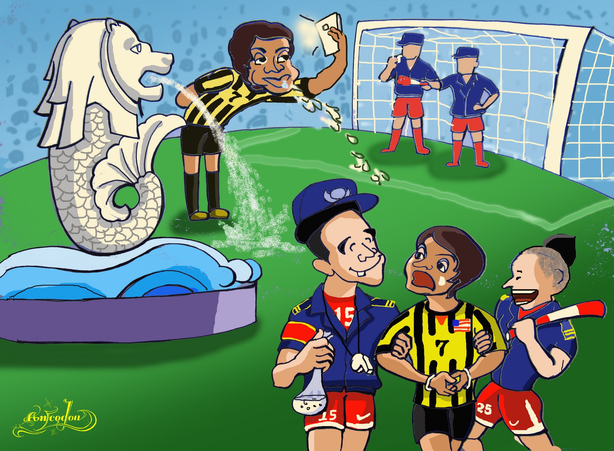 BỨC 5 : PHUN MƯA - THẺ ĐỎ TIỀN VỆ MALAY KHĂN GÓI VỀ NƯỚC. Trước trận chiến quan trọng với U23 VN hưởng lợi , khi ĐT Malayxia mất quân bài chủ lực. Đó là tiền vệ Mohd Nazmi Faiz nhận thẻ đỏ( cấm thi đấu 7 trận) sau khi phun mưa vào đối thủ. Có lẽ chủ hổ  Mohd Nazmi Faiz hâm mộ chú Sư Tử Biển quá chăng. nên đã bắt chước , mà không hiểu ở đất nước Singapo xinh đẹp .sạch sẽ thì chỉ duy Sư tử Biển được làm điều đó.