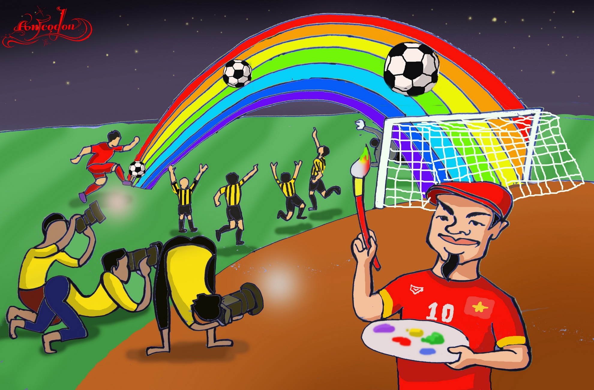 BỨC 7 : CP10 - CHÀNG HỌA SĨ TÀI HOA. Một đêm oi bức,không có mưa ,nhưng lại xuất hiện cầu vồng sau cú đá phạt với đường cong mỹ miều. Bàn thắng khiến tất cả đều ngất ngây thán phục. Khép lại trận thi đấu thăng hoa của CP.