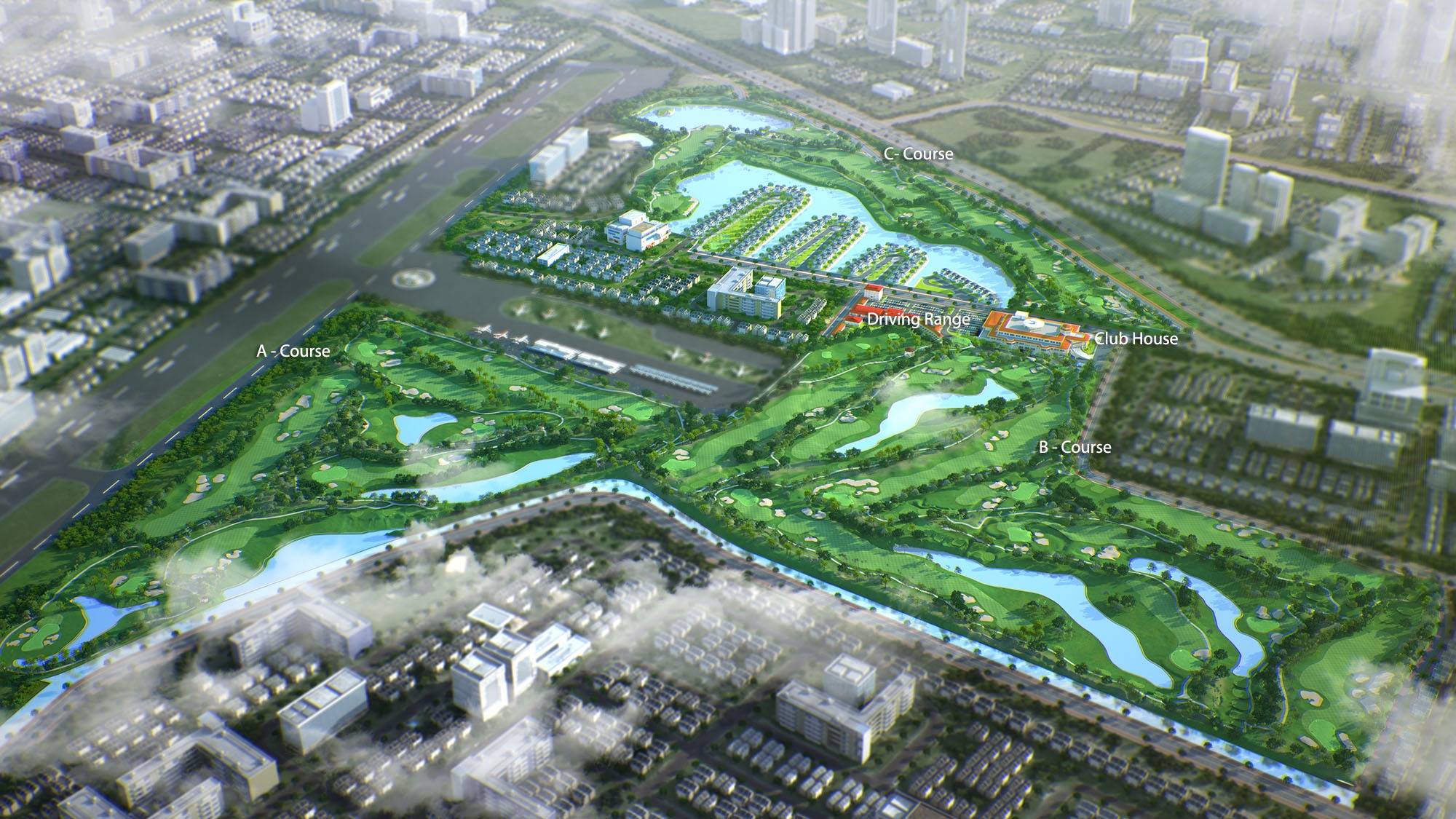 Phối cảnh tổng thể sân golf Long Biên và khu nhà câu lạc bộ.