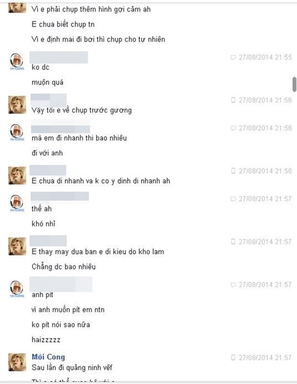 các đoạn nói chuyện qua facebook của nữ PV với các tay ma cô. Trong đó, lộ rõ nội dung những kẻ này gạ gẫm PV bán dâm.