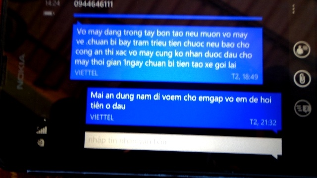 Tin nhắn tống tiền của hung thủ gửi vào số điện thoại anh Tuấn.