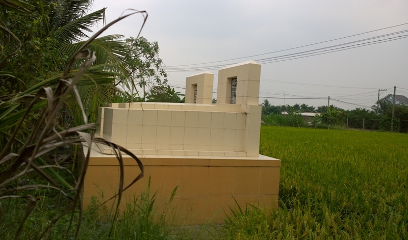 Hai chị em nằm cạnh nhau bên bờ ao, phía sau là đồng lúa đang kỳ trổ bông.