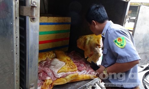 Cơ quan chức năng kiểm tra chiếc xe chở thị heo rừng giả