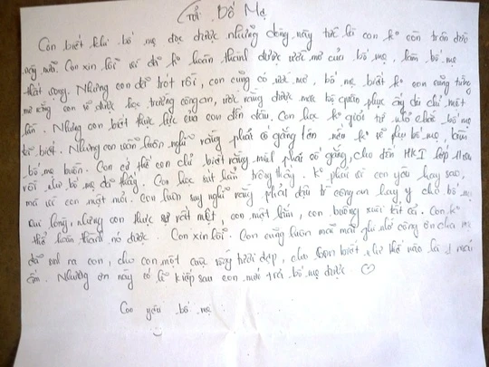 Một trong 5 bức thư Trang để lại.