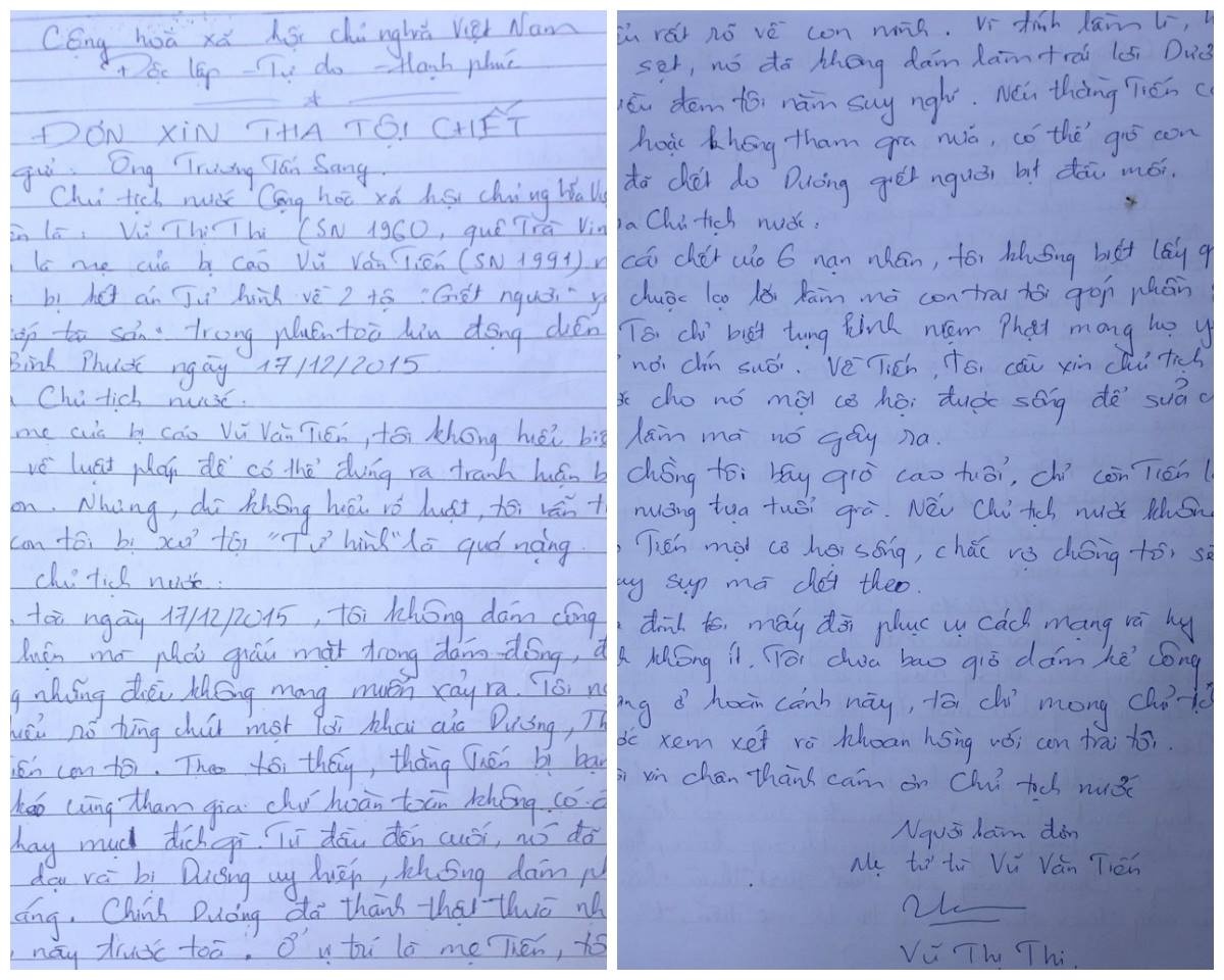 Lá thư xin tha án tử cho con của mẹ Vũ Văn Tiến.