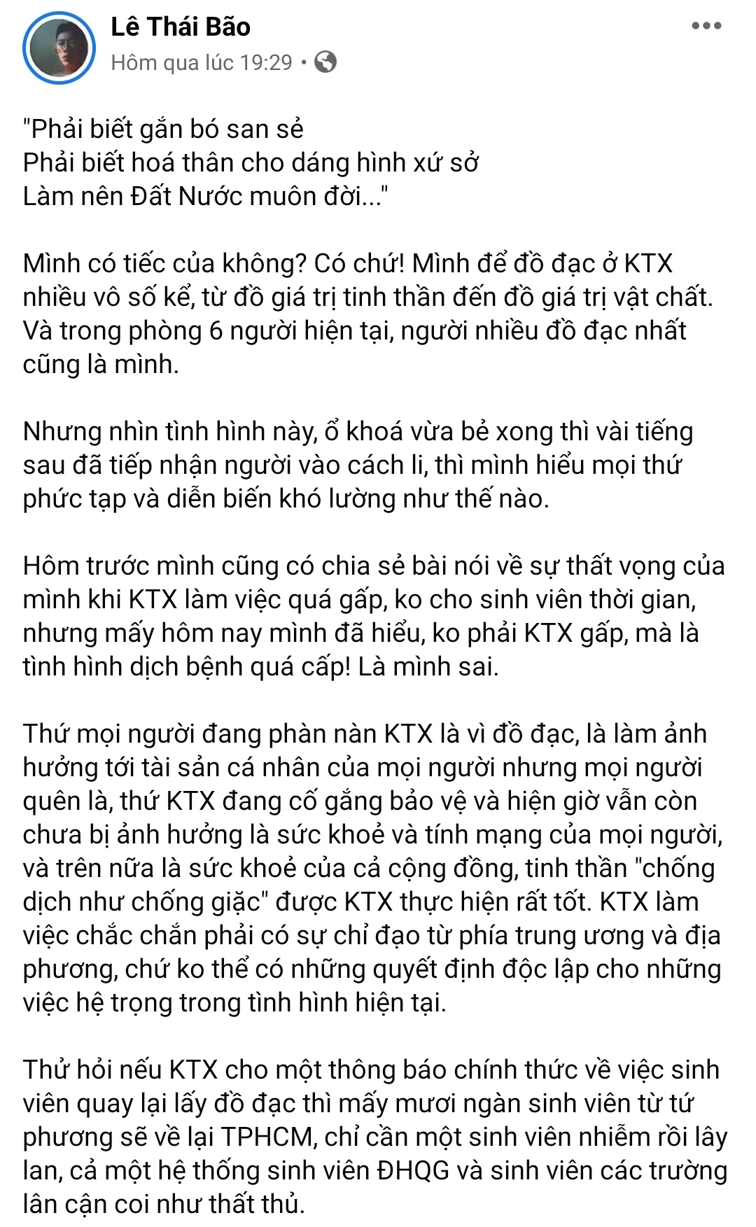 Nam sinh viết tâm thư về việc KTX được trưng dụng làm nơi cách ly  ảnh 1 Nam sinh viet tam thu ve viec KTX duoc trung dung lam noi cach ly anh 1