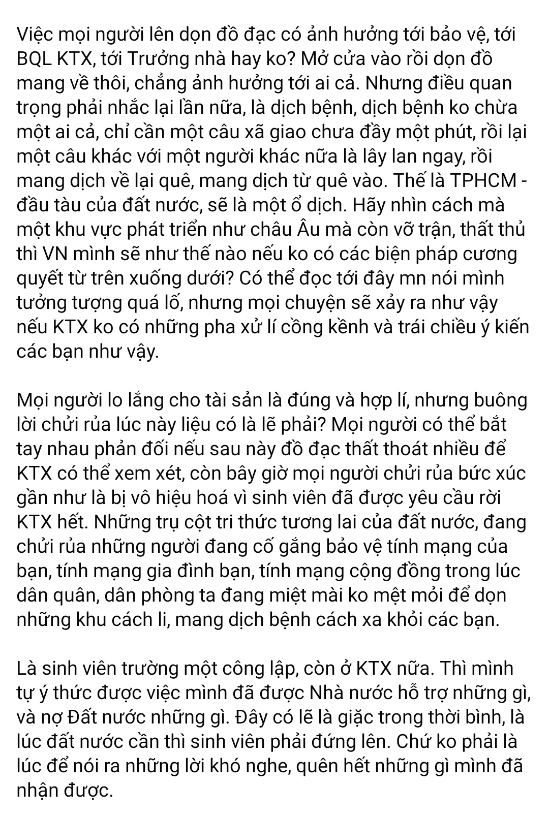 Nam sinh viết tâm thư về việc KTX được trưng dụng làm nơi cách ly  ảnh 2 Nam sinh viet tam thu ve viec KTX duoc trung dung lam noi cach ly anh 2
