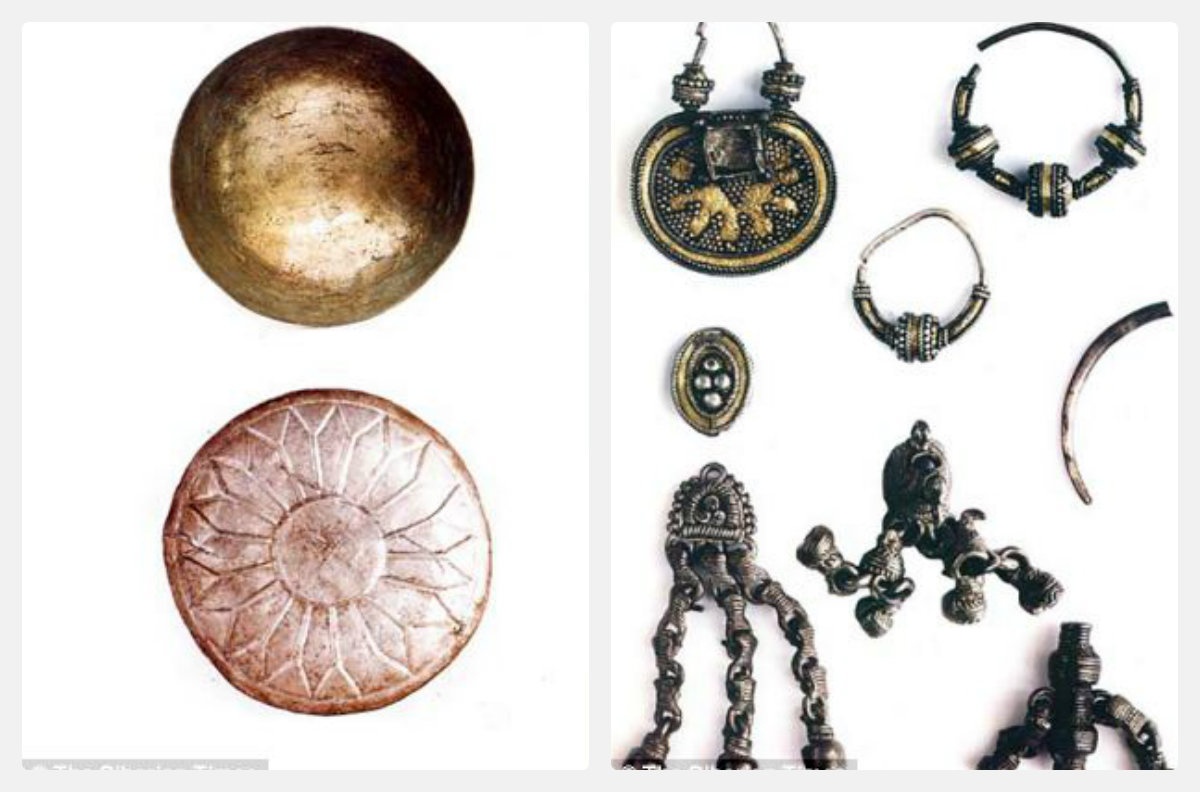 Một chiếc bát đồng xuất xứ từ Ba Tư vào khoảng thế kỷ 10 hoặc 11 và chiếc đĩa bạc (ảnh trái) và những tấm huy chương bằng bạc cùng nhiều đồ trang sức (ảnh phải). 