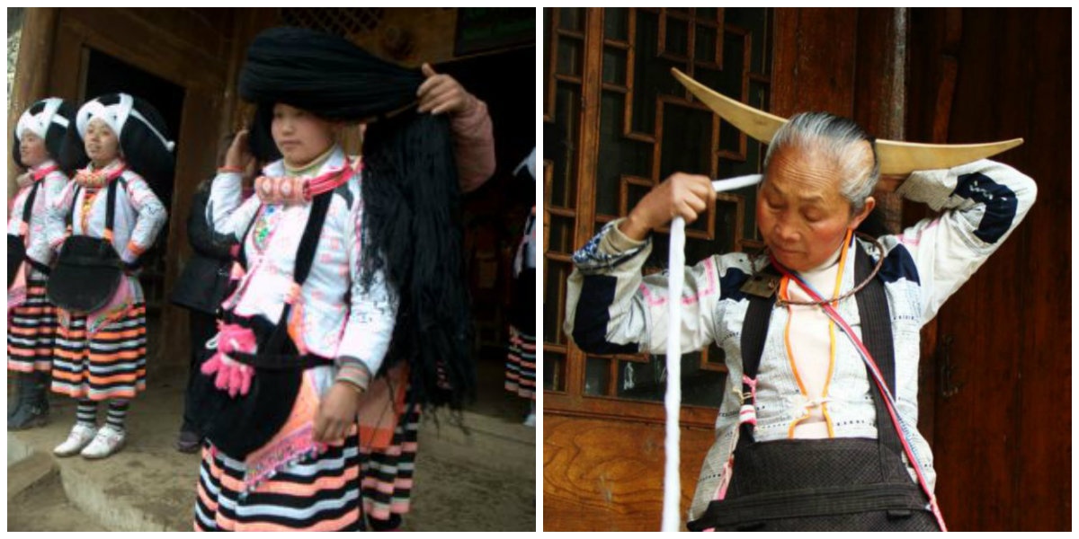 Vào những dịp đặc biệt, họ dùng lượng tóc rụng lớn đó cuốn cẩn thận quanh một chiếc trâm cài có hình sừng trâu để tạo thành “đồ trang sức độc đáo”.