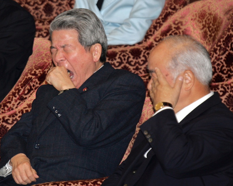 Bộ trưởng Y tế của Nhật Bản Hakuo Yanagisawa (trái) lấy tay che miệng ngáp bên cạnh Bộ trưởng Quốc phòng Fumio Kyuma cũng buồn ngủ không kém tại một cuộc họp của Ủy ban Giám sát Ngân sách thuộc Hạ viện ở Tokyo.