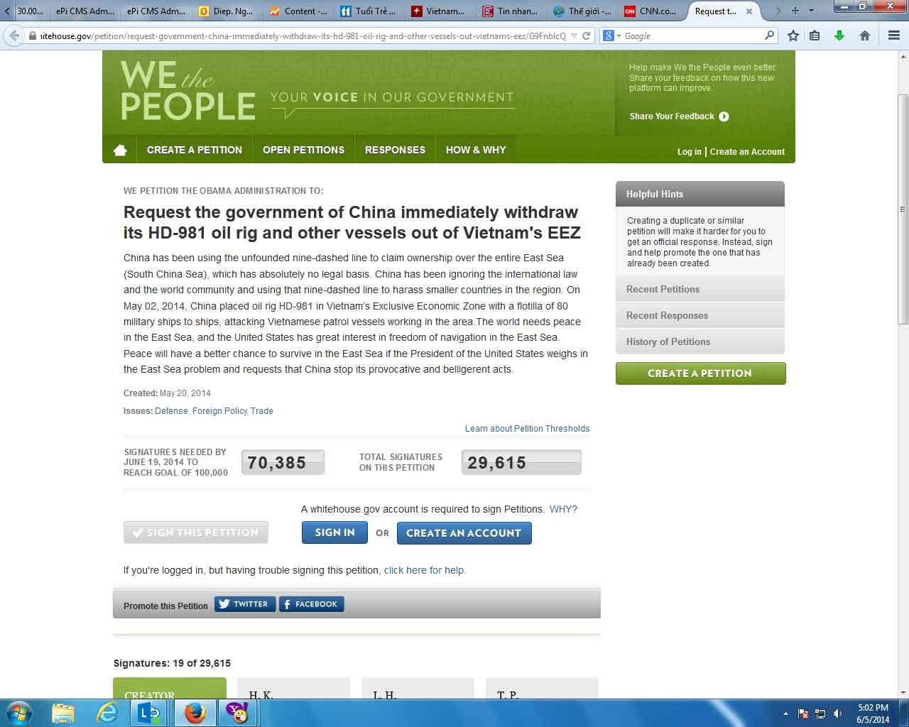 Giao diện bản kiến nghị trên website Nhà Trắng yêu cầu Trung Quốc rút giàn khoan trái phép Hải Dương 981.