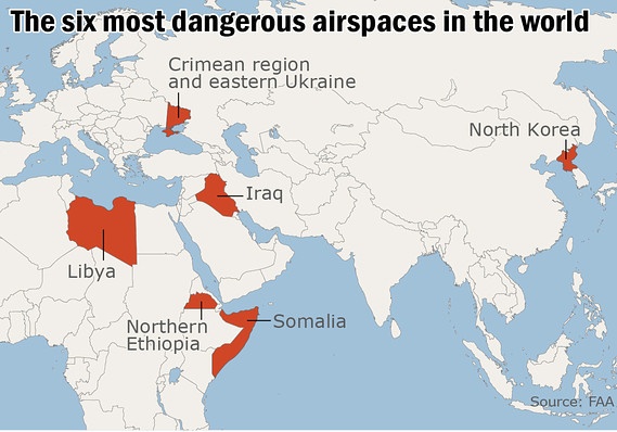 Cơ quan quản lý hàng không Mỹ (FAA) ban hành danh sách 6 vùng nguy hiểm nhât. Ảnh: Market Watch