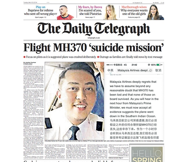 Tờ báo lớn của Anh, Daily Telegraph, đặt nghi vấn phi công trên chuyến bay số hiệu MH370 cố tình tự sát. Ảnh: Telegraph