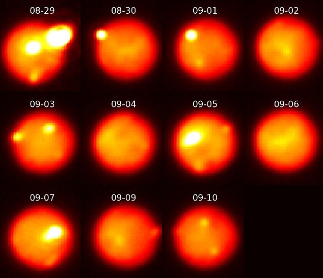 Cảnh tượng núi lửa phun trào trên vệ tinh Io của sao Mộc từ ngày 29/8 tới 10/9. Ảnh: 