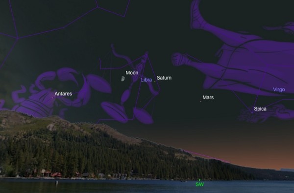 Khi màn đêm buông xuống hôm 4/8, mặt trăng khuyết xuất hiện trên bầu trời phía tây nam và đứng ở vị cuối trong đội hình vũ trụ gồm sao Thổ, sao Hỏa và sao Spica. Màu cam của sao Hỏa, màu vàng của sao Thổ và xanh trắng của Spica tạo nên hình ảnh tuyệt đẹp.
