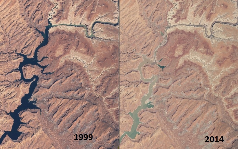 Hạn hán kéo dài làm sụt giảm đáng kể mực nước tại hồ Powell, trải dài biên giới giữa bang Utah và Arizona, Mỹ. Những hình ảnh do NASA cũng cấp cho thấy phần phía bắc của hồ đã trở thành hố sâu, hẹp, uốn khúc. Mực nước của hồ đã giảm mạnh chỉ sau 5 năm. 
