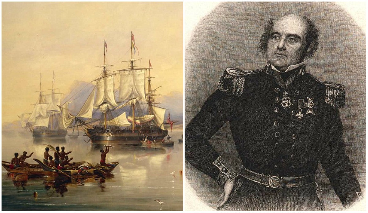 Hai chiến hạm của Hải quân Hoàng gia Anh HMS Erebus và HMS Terror di chuyển trên biển thuộc New Zealand năm 1841 (ảnh trái). Chân dung nhà thám hiểm người Anh Sir John Franklin (ảnh phải).