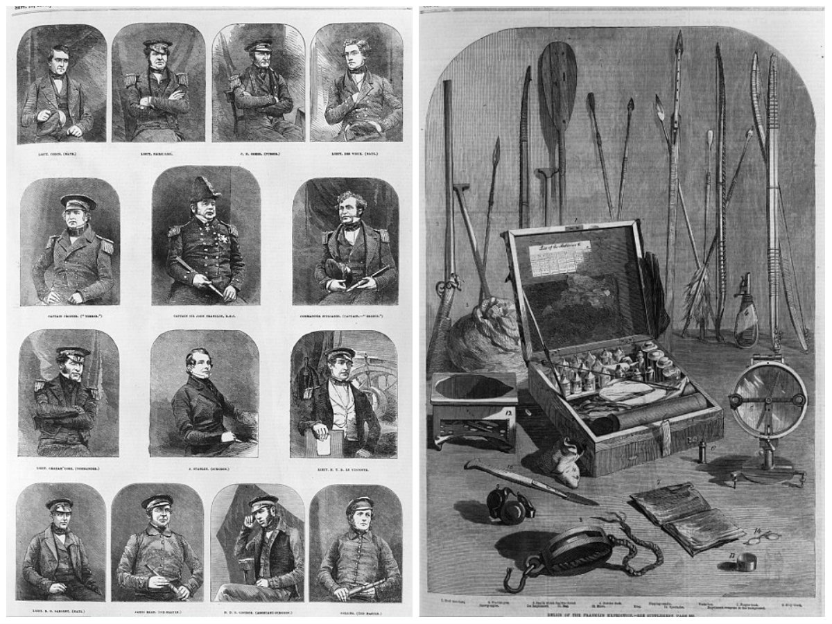 Các thành viên của thủy thủ đoàn (ảnh trái). Một số vật dụng của đoàn thám hiểm (ảnh phải). 