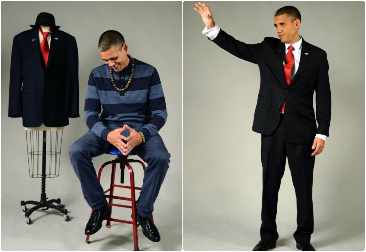 Khoác lên người bộ vest đen, cà vạt đỏ, anh có thể bắt chước cử chỉ, nụ cười và giọng nói của tổng thống Mỹ.