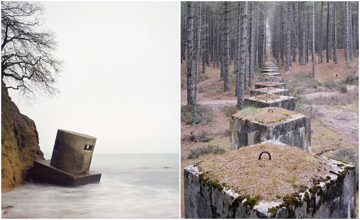 Vịnh Studland ở Dorset, nơi trận diễn tập cho cuộc đổ bộ D-Day của quân đội khối Đồng minh vào các bãi biển vùng Normandie của Pháp tháng 4/1944 (ảnh trái). Tuyến phòng thủ bằng bê tông trong các khu rừng gần thị trấn Lossiemouth, Moray thuộc Anh (ảnh phải). Nhiếp ảnh gia Marc Wilson, 46 tuổi, đã di chuyển qua quãng đường dài 36.800 km để chụp ảnh những di tích thời Thế chiến II bị lãng quên trên toàn nước Anh, miền bắc nước Pháp, Đan Mạch, quần đảo Channel, Bỉ và Na Uy. 