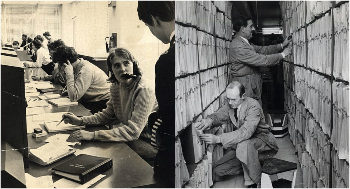 Cấp trên đang hướng dẫn nhân viên của ông cách làm việc tại phòng viễn thông (ảnh trái) và hai nhân viên đang tìm kiếm hồ sơ hình sự trong kho lưu trữ.