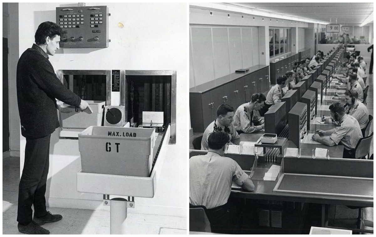 Một nhân viên xếp tài liệu (ảnh trái) và cành hàng chục nhân viên khác đang làm việc tại phòng thông tin của Sở Cảnh sát.