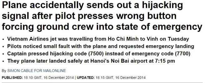 Daily Mail đưa tin sự cố phi công báo động không tặc ngày 16/12.
